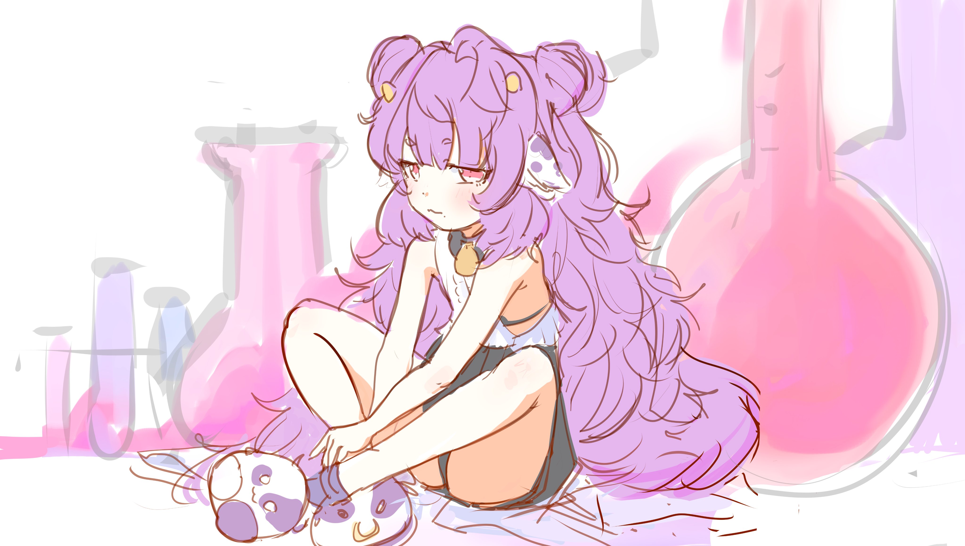muu muyu, phase connect, absurdres, artist request, highres, 1girl, animal ears, bare shoulders, blush, cow ears, double bun, hair bun, horns, long hair, mini moo, mole, neck bell, pink eyes, purple hair, shirt, skirt, sleeveless, sleeveless shirt, slippers, solo, spread legs, very long hair, virtual youtuber