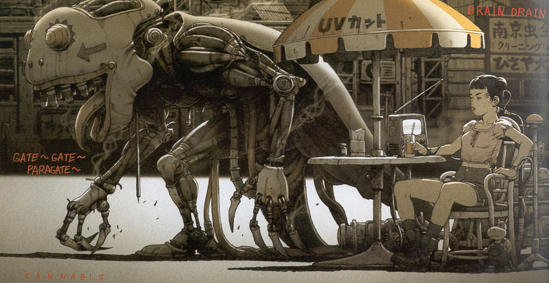 tanaka tatsuyuki, cannabis works, 1girl, air conditioner, android, arrow (symbol), beach umbrella, black hair, boots, brown theme, building, cable, chair, clothes iron, cup, cyberpunk, dark, double bun, drink, drinking, drinking glass, drinking straw, female focus, grey theme, hair bun, holding, holding cup, holding drinking glass, kneehighs, letterboxed, long hair, mecha, mechanic, on chair, overalls, pole, puffy short sleeves, puffy sleeves, radio antenna, robot, saucer, sepia, shadow, short sleeves, shorts, sitting, smoke, socks, solo, text focus, tissue, tissue box, tongue, tongue out, umbrella, wrist cuffs