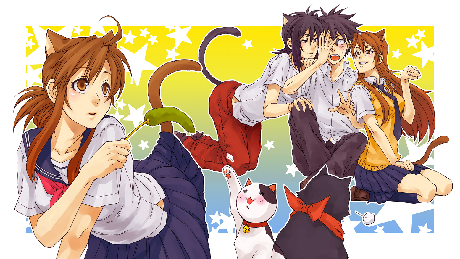 imuro, ichinose nagi, kousaka junpei, mizuno kaede, nyamsas, sumiyoshi kanako, tama (nyan koi), nyan koi!, bad id, bad pixiv id, 00s, 2boys, 2girls, animal ears, bell, black hair, blush, brown hair, cat, cat ears, cat tail, long hair, multiple boys, multiple girls, necktie, ribbon, school uniform, serafuku, short hair, tail
