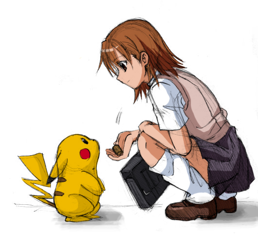 misaka mikoto, pikachu, nintendo, pokemon, toaru kagaku no railgun, toaru majutsu no index, artist request, 1girl, briefcase, brown hair, crossover, from side, gen 1 pokemon, parody, pokemon (creature), power connection, short hair, simple background, sketch, skirt, socks, sweater vest, white background