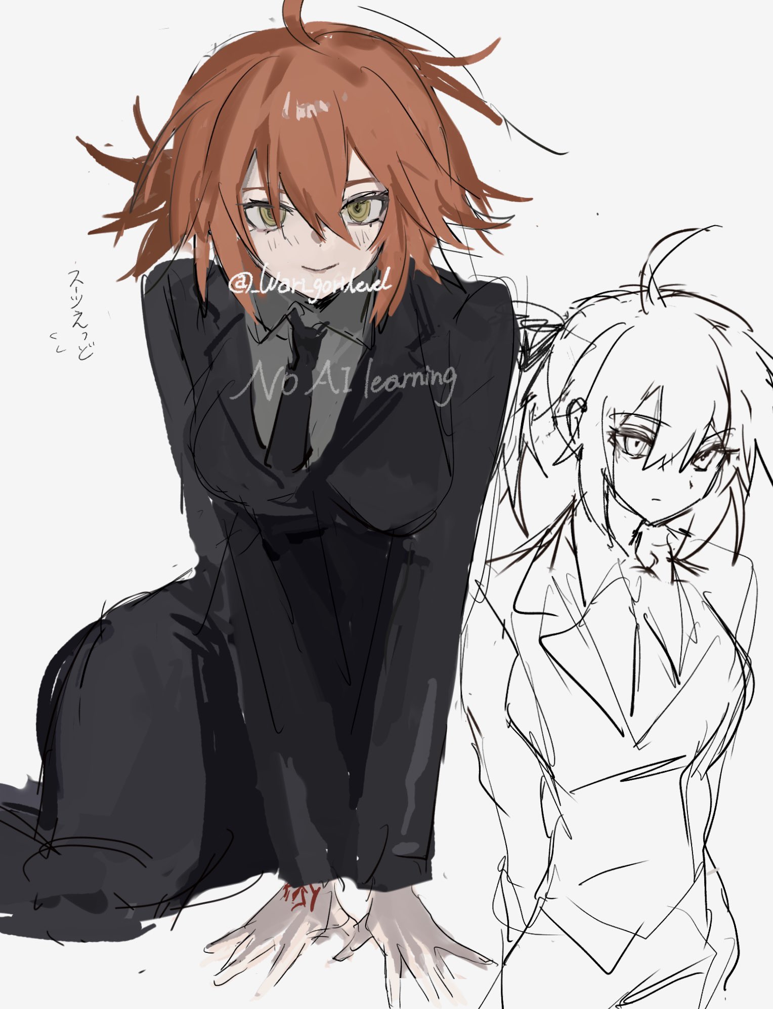 wari gorilevel, fujimaru ritsuka (female), fujimaru ritsuka (female) (royal brand), fate/grand order, fate (series), commentary request, highres, 1girl, ahoge, black necktie, black suit, breasts, closed mouth, dress pants, formal clothes, jacket, large breasts, multiple views, necktie, orange eyes, orange hair, pants, short hair, simple background, sketch, smile, suit, twitter username, white background