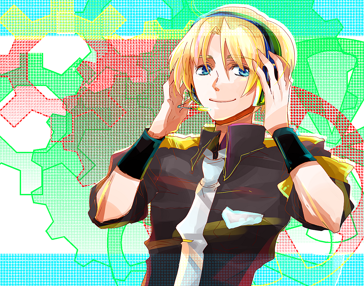 sachirou, suiga sora, utau, 1boy, aqua eyes, blonde hair, headphones, headset, male focus, necktie, smile, solo