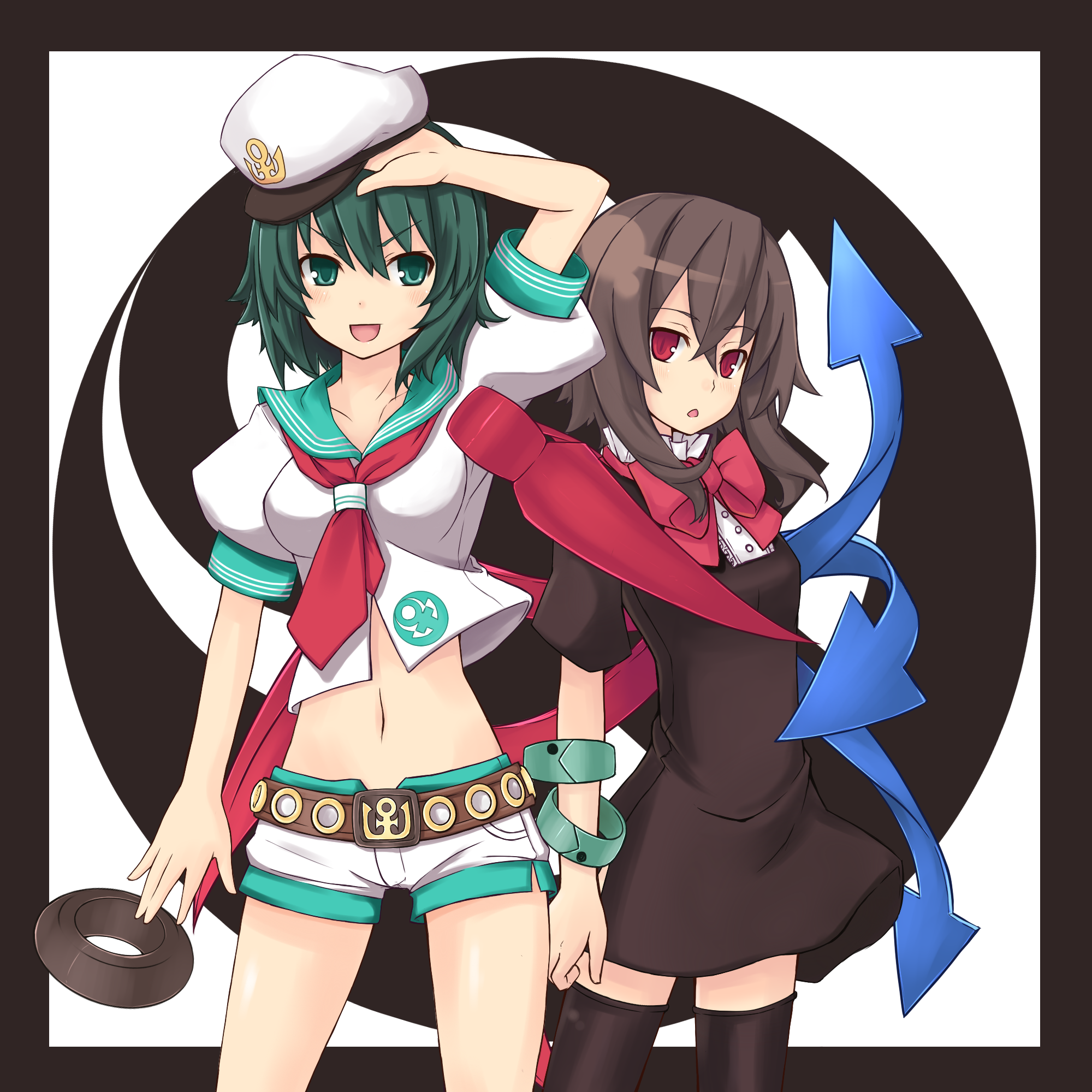yukimirin, houjuu nue, murasa minamitsu, touhou, highres, 2girls, belt, black hair, black thighhighs, breasts, dress, female focus, green eyes, hat, midriff, multiple girls, navel, red eyes, sailor, sailor collar, sailor hat, short hair, short shorts, shorts, thighhighs, white background, wings, zettai ryouiki