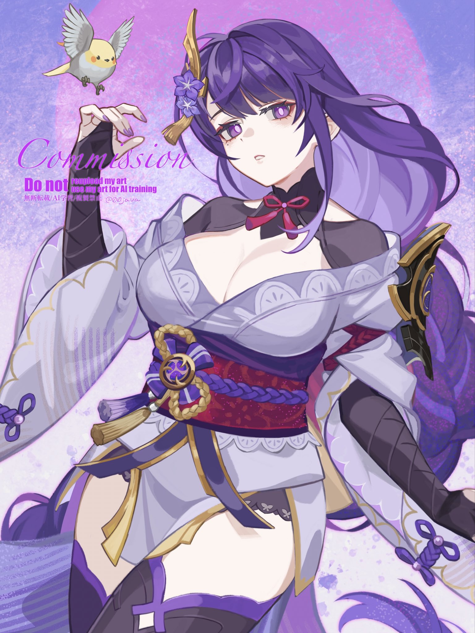 shigemitsu jun, raiden shogun, genshin impact, commission, highres, mixed-language commentary, 1girl, armor, bird, blunt bangs, braid, breasts, bridal gauntlets, cleavage, clothing cutout, hair ornament, head tilt, japanese clothes, kimono, large breasts, light blush, lingerie, long braid, long hair, looking at viewer, mole, mole under eye, multicolored eyes, multicolored hair, neck ribbon, off shoulder, parted lips, purple eyes, purple hair, purple kimono, purple nails, purple thighhighs, red ribbon, red sash, ribbon, sash, shoulder armor, shoulder cutout, single braid, solo, streaked hair, thighhighs, thighs, underwear, upper body