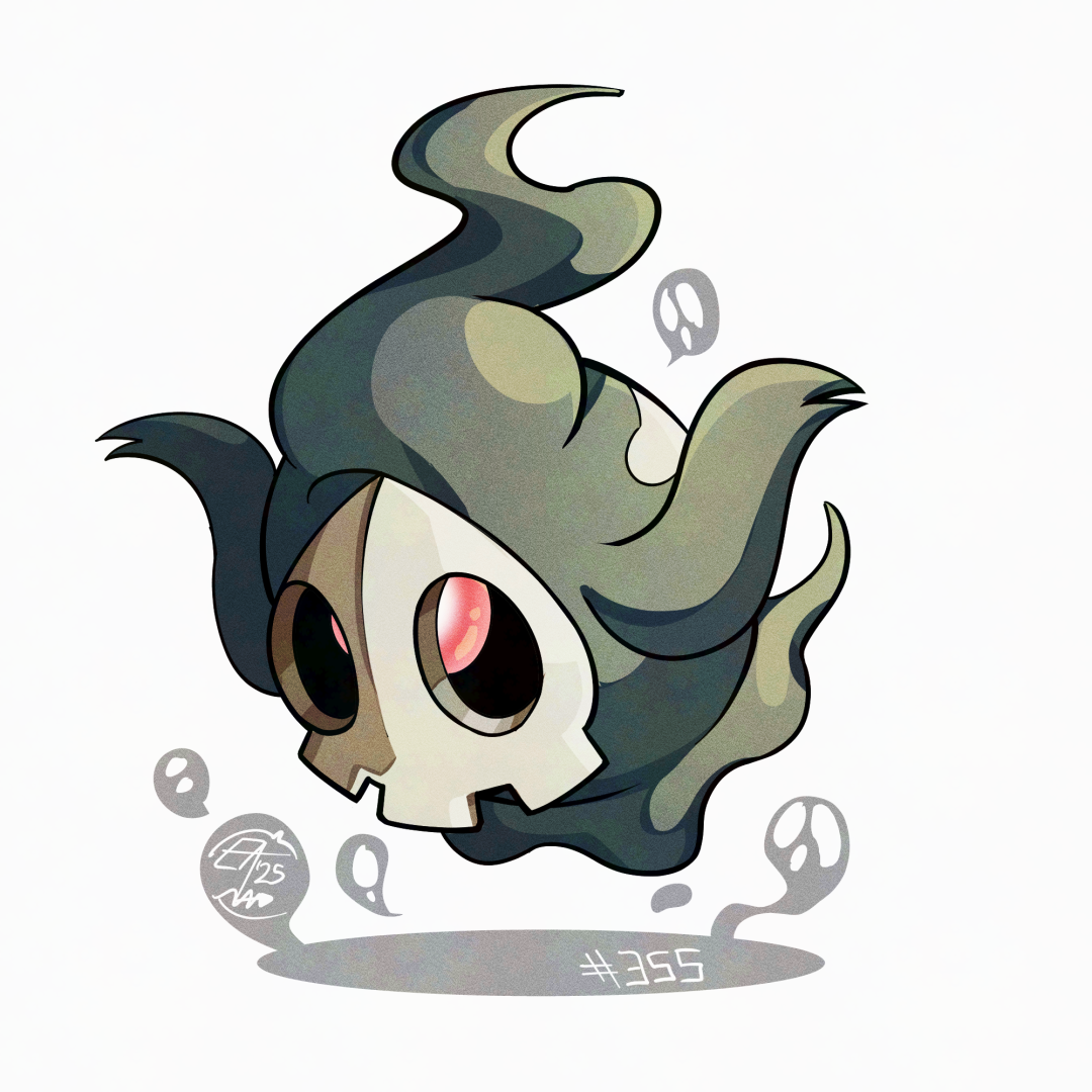 mistray-art, duskull, nintendo, pokemon, commentary, english commentary, gen 3 pokemon, no humans, numbered, pokemon (creature), signature, simple background, solo, white background