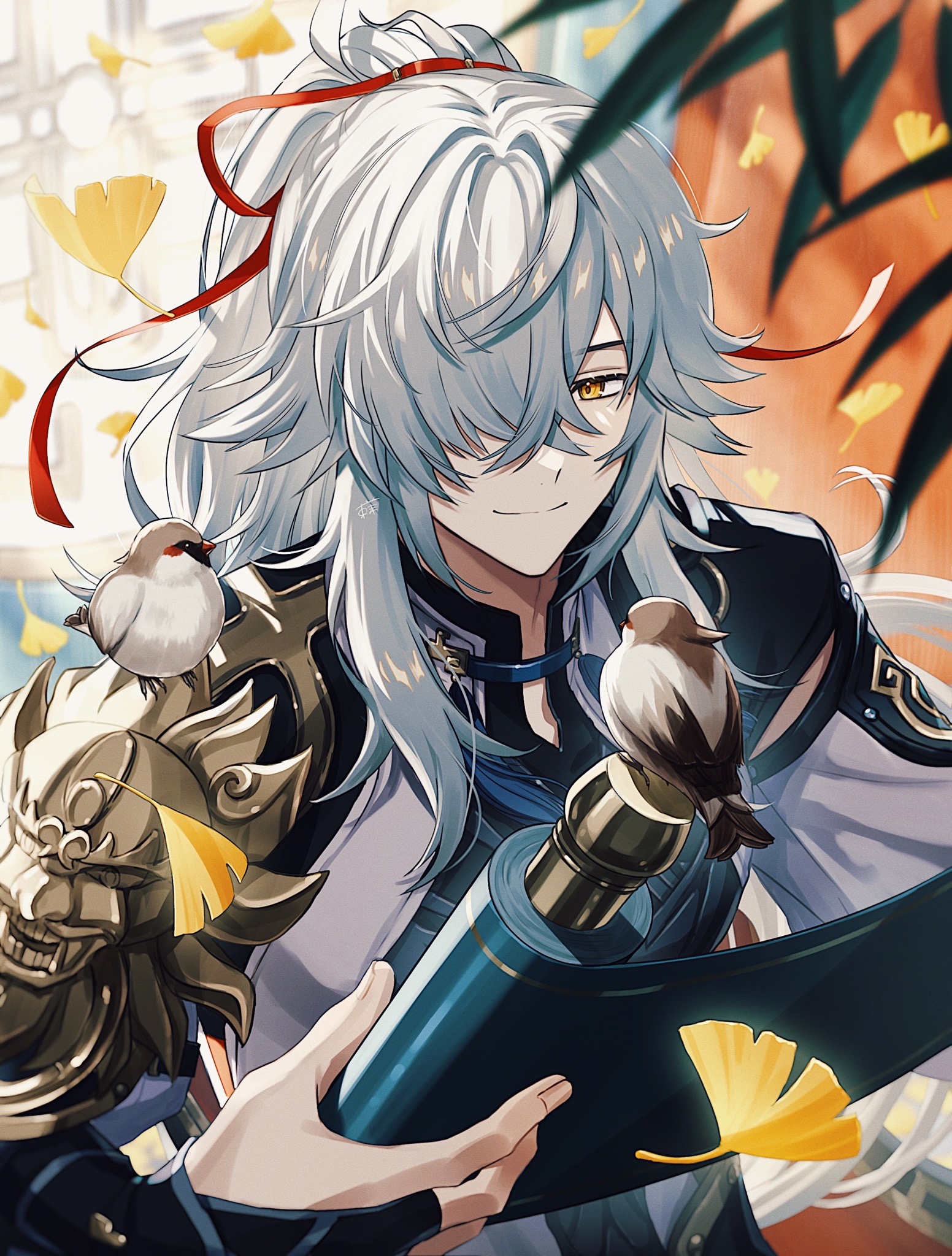 azuma hatori, jing yuan, honkai: star rail, honkai (series), commentary request, highres, revision, 1boy, animal, animal on shoulder, armor, bird, bird on shoulder, blurry, blurry background, blurry foreground, branch, bridal gauntlets, chinese clothes, closed mouth, crossed bangs, depth of field, falling leaves, ginkgo leaf, hair over one eye, hair ribbon, hand up, high ponytail, indoors, lattice, leaf, light rays, long hair, long sleeves, looking at viewer, male focus, mole, mole under eye, one eye covered, parted bangs, ponytail, red ribbon, ribbon, round window, scroll, shirt, shoulder armor, sidelocks, smile, solo, swept bangs, tassel, upper body, white hair, white shirt, window, yellow eyes