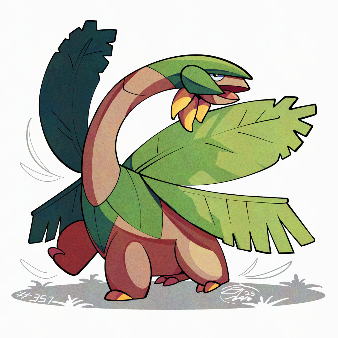 mistray-art, tropius, nintendo, pokemon, commentary, english commentary, gen 3 pokemon, leaf wings, looking to the side, no humans, numbered, open mouth, pokemon (creature), signature, simple background, solo, white background