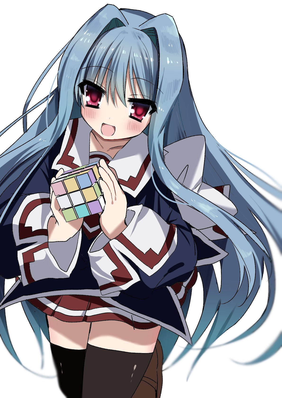 kasukasugom1, fear kubrick, cube x cursed x curious, highres, 1girl, :d, black thighhighs, blue hair, blush, cowboy shot, eyes visible through hair, hair between eyes, hair intakes, hands up, happy, holding cube, long hair, long sleeves, looking at viewer, miniskirt, open mouth, pleated skirt, red eyes, red skirt, rubik's cube, school uniform, simple background, skirt, smile, solo, thighhighs, very long hair, white background, zettai ryouiki