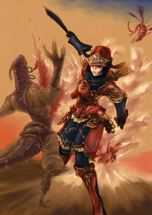 eimelle (nikukyuu), najelith, final fantasy, final fantasy xi, 00s, 1girl, armor, arrow (projectile), blood, hat, hume, monster, purple eyes, purple hair, quiver, short hair, skirt, sword, weapon