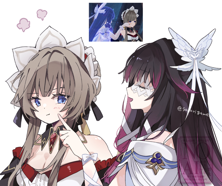 satorigame, columbina (genshin impact), sandrone (genshin impact), genshin impact, commentary request, bare shoulders, black collar, black ribbon, blue eyes, blush, brown hair, cheek poking, collar, detached sleeves, eye mask, frilled sleeves, frills, gold trim, hair ornament, headdress, looking at another, mask, multicolored hair, pink hair, poking, ribbon, two-tone hair, watermark, white ribbon, wing hair ornament