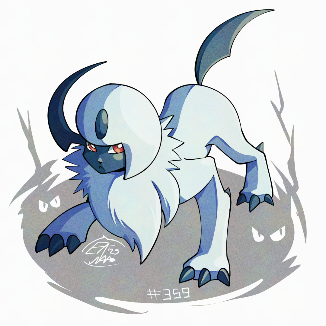 mistray-art, absol, nintendo, pokemon, commentary, english commentary, claws, gen 3 pokemon, no humans, numbered, pokemon (creature), red eyes, signature, simple background, solo, white background, white fur