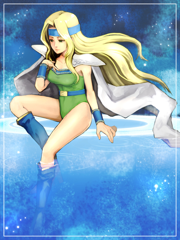 minesaki ryo, celes chere, final fantasy, final fantasy vi, 1990s (style), 1girl, armband, belt, blonde hair, boots, cape, female focus, green eyes, headband, leotard, long hair, retro artstyle, shoulder pads, solo, water