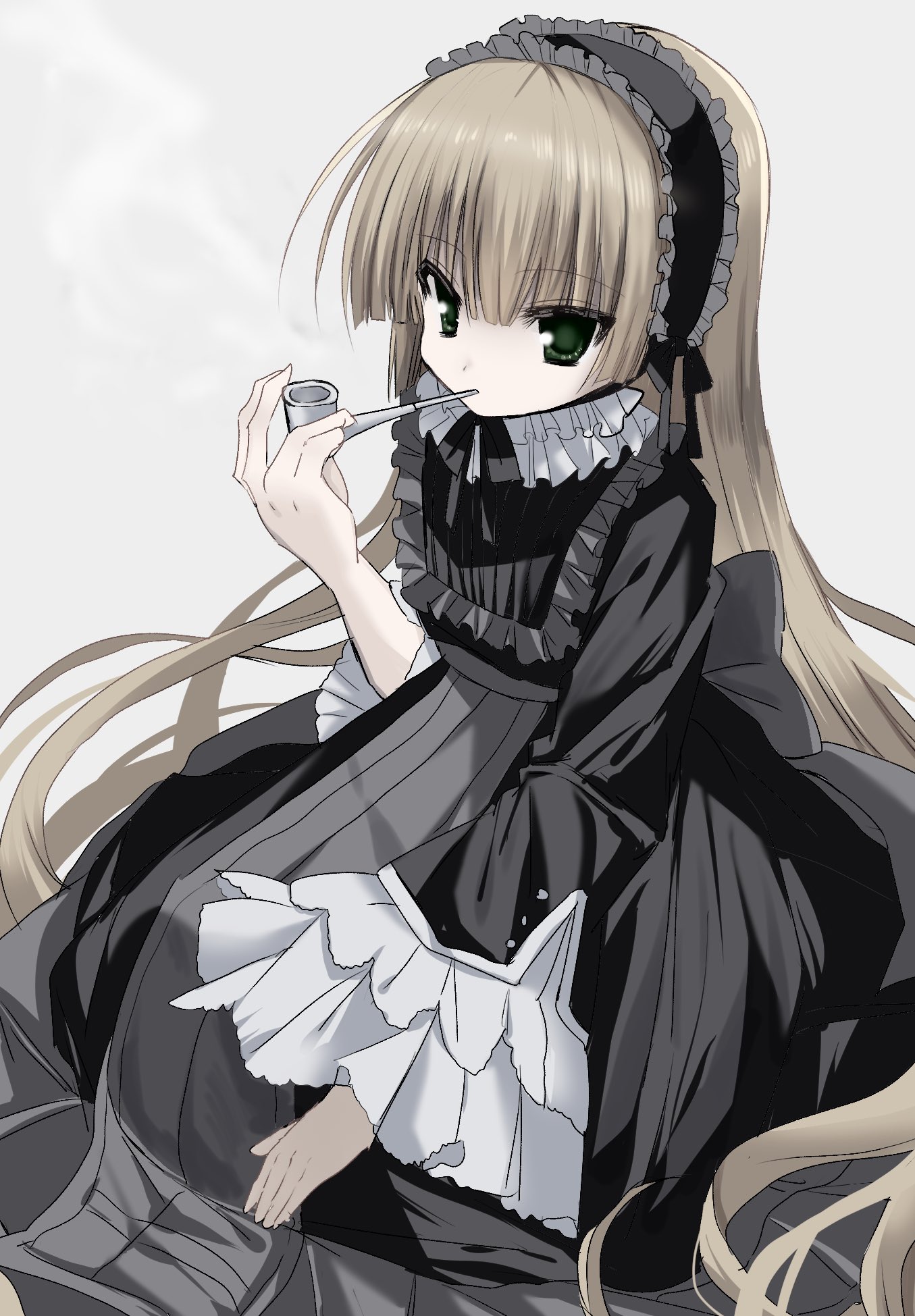 kasukasugom1, victorica de blois, gosick, highres, 1girl, black dress, black hairband, blonde hair, blunt bangs, closed mouth, dress, eyes visible through hair, feet out of frame, frilled dress, frilled hairband, frilled sleeves, frills, gothic lolita, green eyes, hair between eyes, hairband, hand up, holding, holding smoking pipe, lolita fashion, lolita hairband, long dress, long hair, long sleeves, looking at viewer, simple background, sitting, smoking pipe, solo, straight hair, very long hair, victorian, white background, wide sleeves
