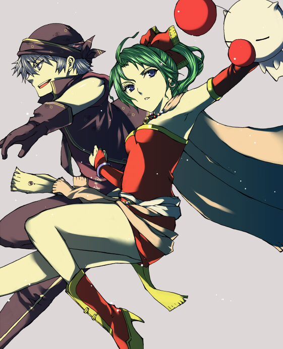 yosimura, locke cole, moogle, tina branford, final fantasy, final fantasy vi, 1990s (style), bandana, blue eyes, boots, cape, elbow gloves, gloves, green hair, grey eyes, grey hair, long hair, ponytail, red ribbon, ribbon, sash, short hair