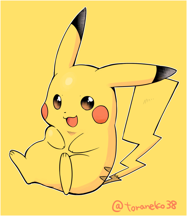 toraneko (38), pikachu, nintendo, pokemon, commentary request, :3, :d, animal focus, border, brown eyes, full body, gen 1 pokemon, looking at viewer, no humans, open mouth, pokemon (creature), pokemon focus, signature, simple background, sitting, smile, solo, white border, yellow background, yellow theme