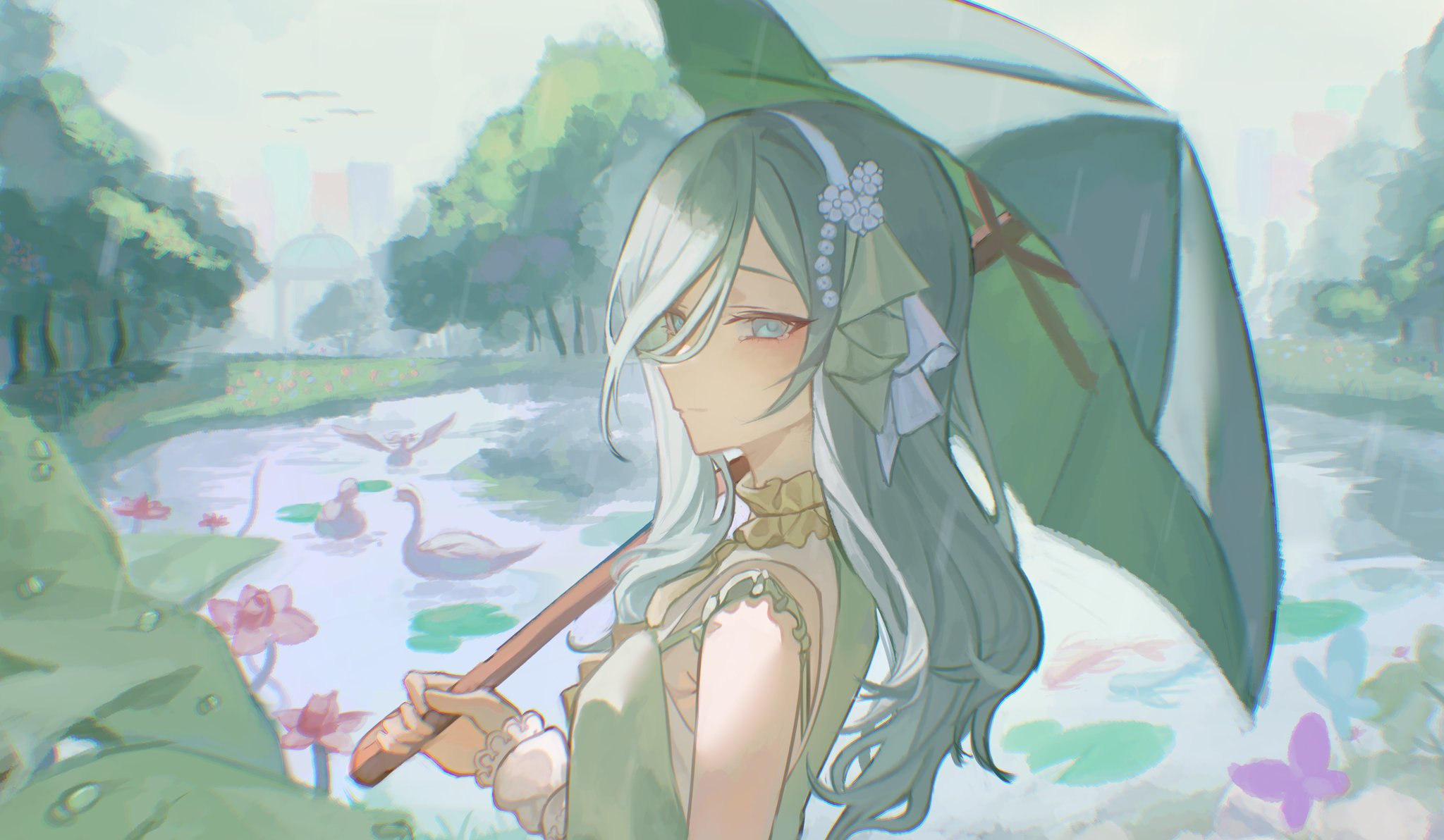 jangkrikz, hinomori shizuku, project sekai, hashtag-only commentary, highres, aqua eyes, aqua hair, choker, frilled choker, frills, hair between eyes, hair ornament, hairband, holding, holding umbrella, long hair, looking at viewer, outdoors, pond, rain, tears, tree, umbrella