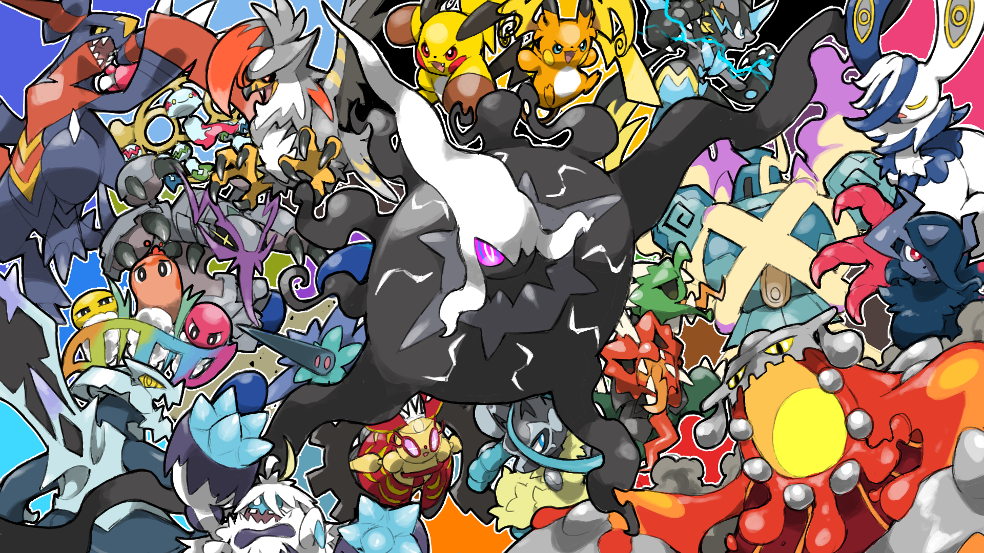 blacknirrow, absol, baxcalibur, chimecho, crabominable, darkrai, garchomp, glimmora, golisopod, golurk, heatran, lucario, magearna, mega absol z, mega baxcalibur, mega chimecho, mega darkrai, mega garchomp z, mega glimmora, mega golisopod, mega golurk, mega heatran, mega lucario z, mega magearna, mega meowstic, mega raichu x, mega raichu y, mega scovillain, mega staraptor, mega zeraora, meowstic, raichu, scovillain, staraptor, tatsugiri, zeraora, nintendo, pokemon, commentary, english commentary, highres, spoilers, aqua eyes, bird, black eyes, black sclera, bright pupils, claws, closed mouth, colored sclera, electricity, everyone, eyelashes, fangs, gen 1 pokemon, gen 3 pokemon, gen 4 pokemon, gen 5 pokemon, gen 6 pokemon, gen 7 pokemon, hair over one eye, ice, legendary pokemon, mega crabominable, mega pokemon, mega tatsugiri, mythical pokemon, open mouth, outline, pokemon (creature), pokemon focus, red eyes, sharp teeth, smile, spikes, talons, teeth, tongue, tongue out, white outline, white pupils, yellow eyes, yellow pupils, yellow sclera