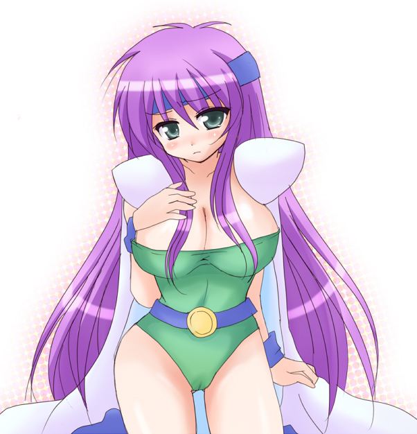 afuro, celes chere, faris scherwiz, final fantasy, final fantasy v, final fantasy vi, 1990s (style), 1girl, belt, blush, breasts, cape, celes chere (cosplay), cleavage, cosplay, female focus, green eyes, headband, large breasts, leotard, long hair, purple hair, retro artstyle, shoulder pads, solo