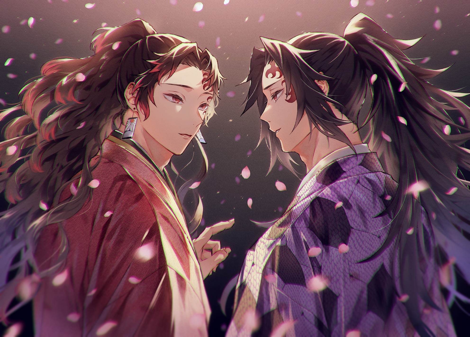 oyumai, tsugikuni michikatsu, tsugikuni yoriichi, kimetsu no yaiba, commentary request, highres, revision, 2boys, black hair, brothers, earrings, facial mark, from side, hanafuda, haori, high ponytail, index finger raised, japanese clothes, jewelry, long hair, male focus, multicolored hair, multiple boys, ponytail, profile, red eyes, red hair, siblings, twins, two-tone hair, upper body, very long hair