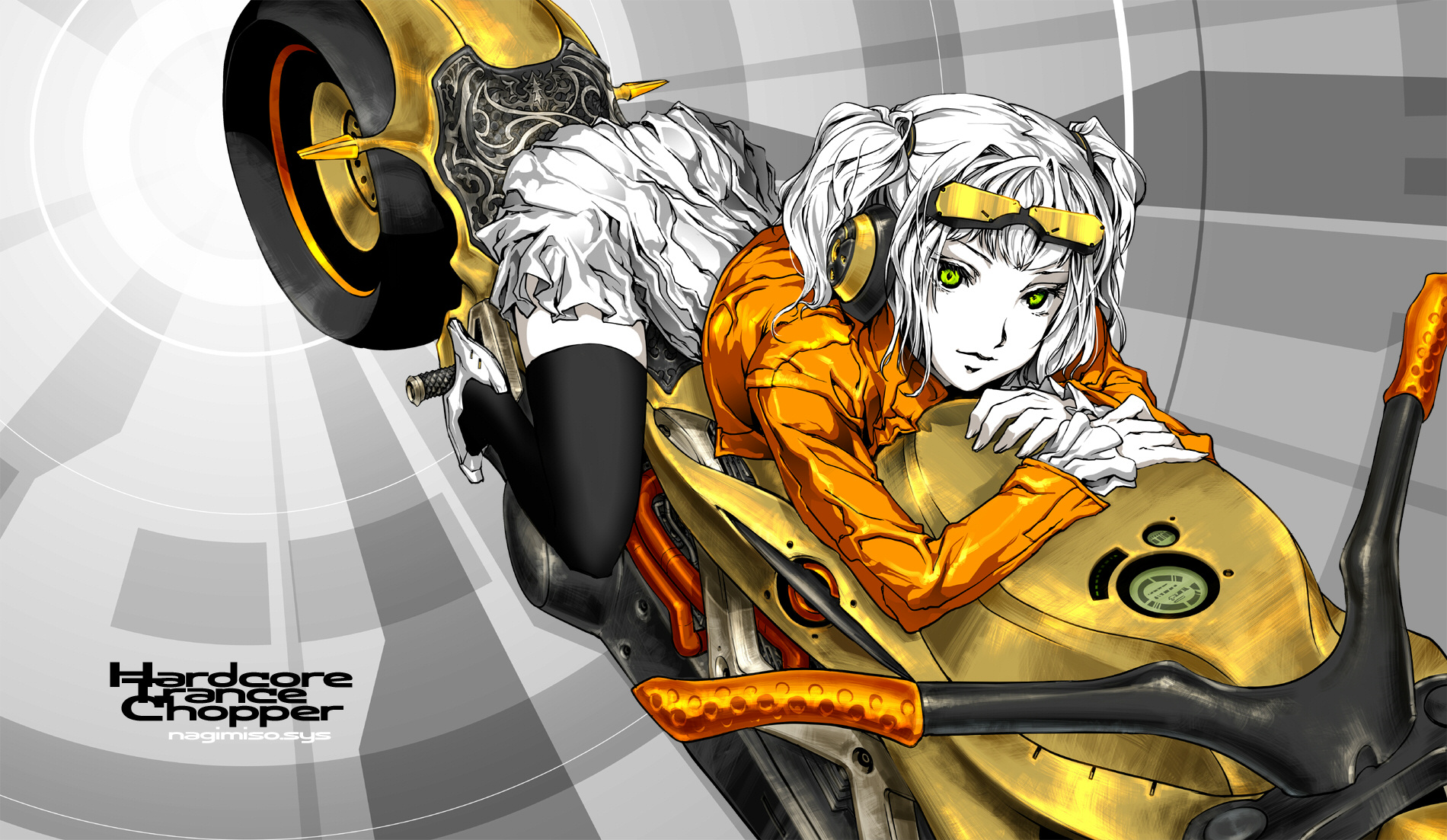 nagimiso, original, vehicle, highres, 1girl, female focus, glasses, green eyes, headphones, high heels, jacket, lips, long hair, motor vehicle, motorcycle, partially colored, shoes, skirt, smile, solo, thighhighs, twintails, white hair, zettai ryouiki