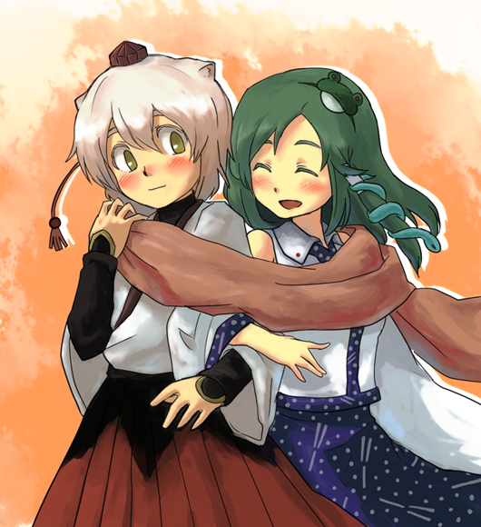 amamori kohan, inubashiri momiji, kochiya sanae, touhou, bad id, bad pixiv id, 2girls, blush, female focus, multiple girls, scarf, shared clothes, shared scarf