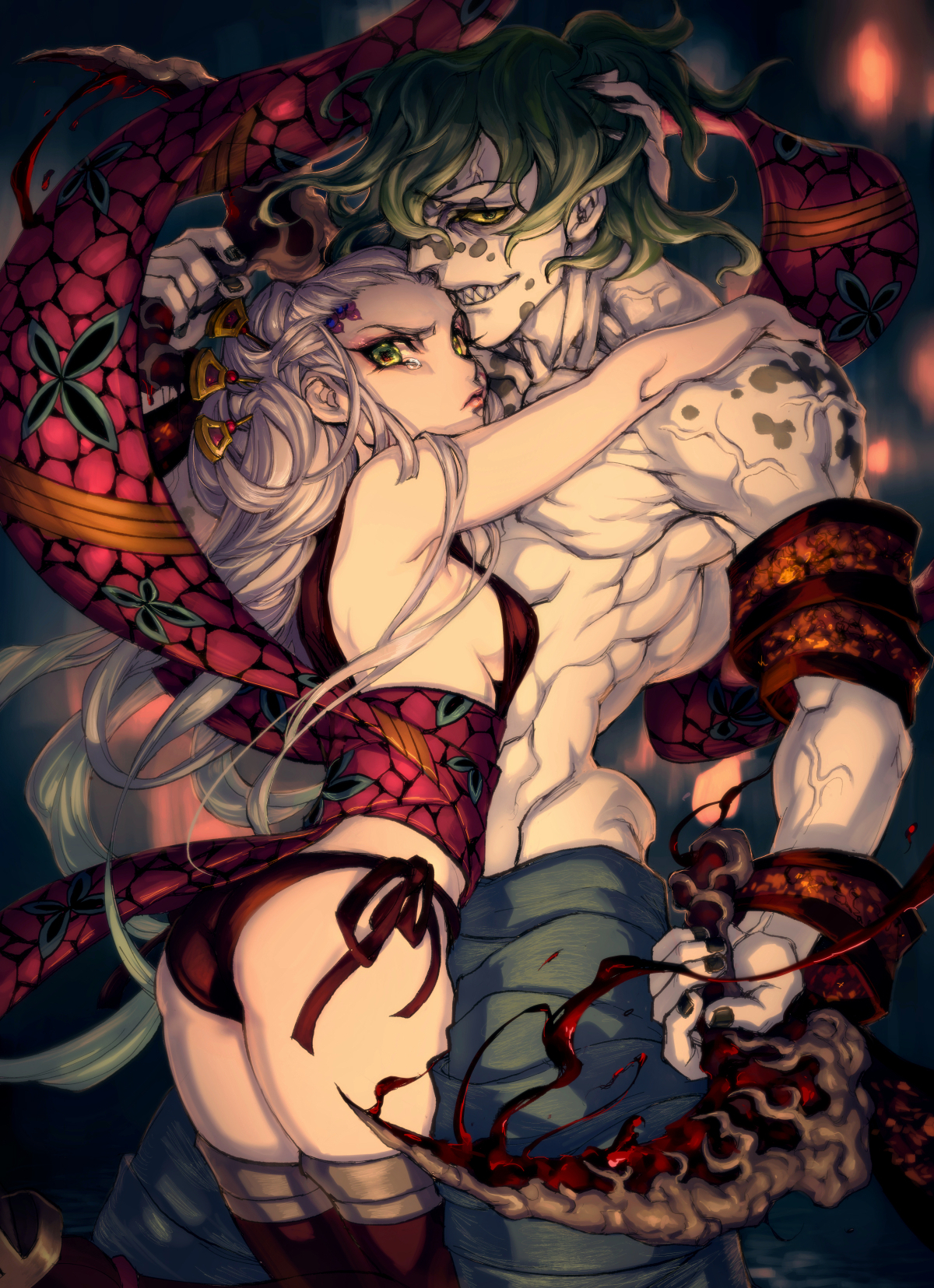 nozoki davis, daki (kimetsu no yaiba), gyuutarou (kimetsu no yaiba), kimetsu no yaiba, commentary request, highres, revision, 1boy, 1girl, ass, bare arms, bare shoulders, black nails, blood, breasts, brother and sister, colored skin, demon, demon boy, demon girl, green eyes, green hair, holding, holding weapon, hug, japanese clothes, kimono, medium breasts, muscular, muscular male, nail polish, pale skin, panties, pants, red panties, sharp teeth, siblings, side-tie panties, sideboob, sleeveless, smile, tears, teeth, text in eyes, thighhighs, topless male, underwear, veins, weapon, white hair, white skin