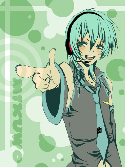 samu., hatsune miku, hatsune mikuo, vocaloid, bad id, bad pixiv id, 1boy, genderswap, genderswap (ftm), green eyes, green hair, headset, male focus, matching hair/eyes, necktie, pointing, solo
