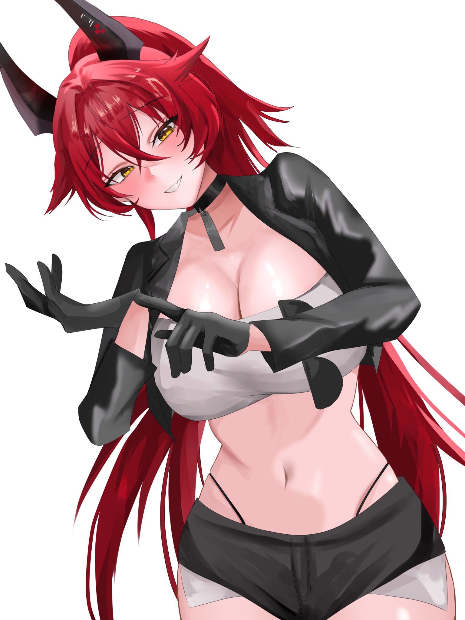 red hood (nikke), goddess of victory: nikke, commentary request, highres, adjusting clothes, adjusting gloves, alternate costume, bandeau, black choker, black gloves, black jacket, black shorts, blush, breasts, choker, cleavage, exposed pocket, gloves, grin, hair between eyes, high ponytail, horns, jacket, long hair, looking at viewer, midriff, navel, panty straps, ponytail, red hair, short shorts, shorts, smile, tato0324iti, white bandeau, yellow eyes