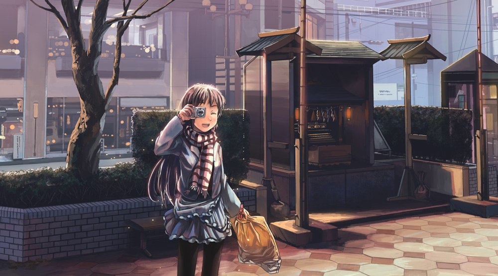 fo~do, original, 1girl, bag, brown hair, camera, female focus, long hair, one eye closed, pantyhose, real world location, scarf, scenery, shrine, skirt, solo, striped clothes, striped scarf, urban, wink