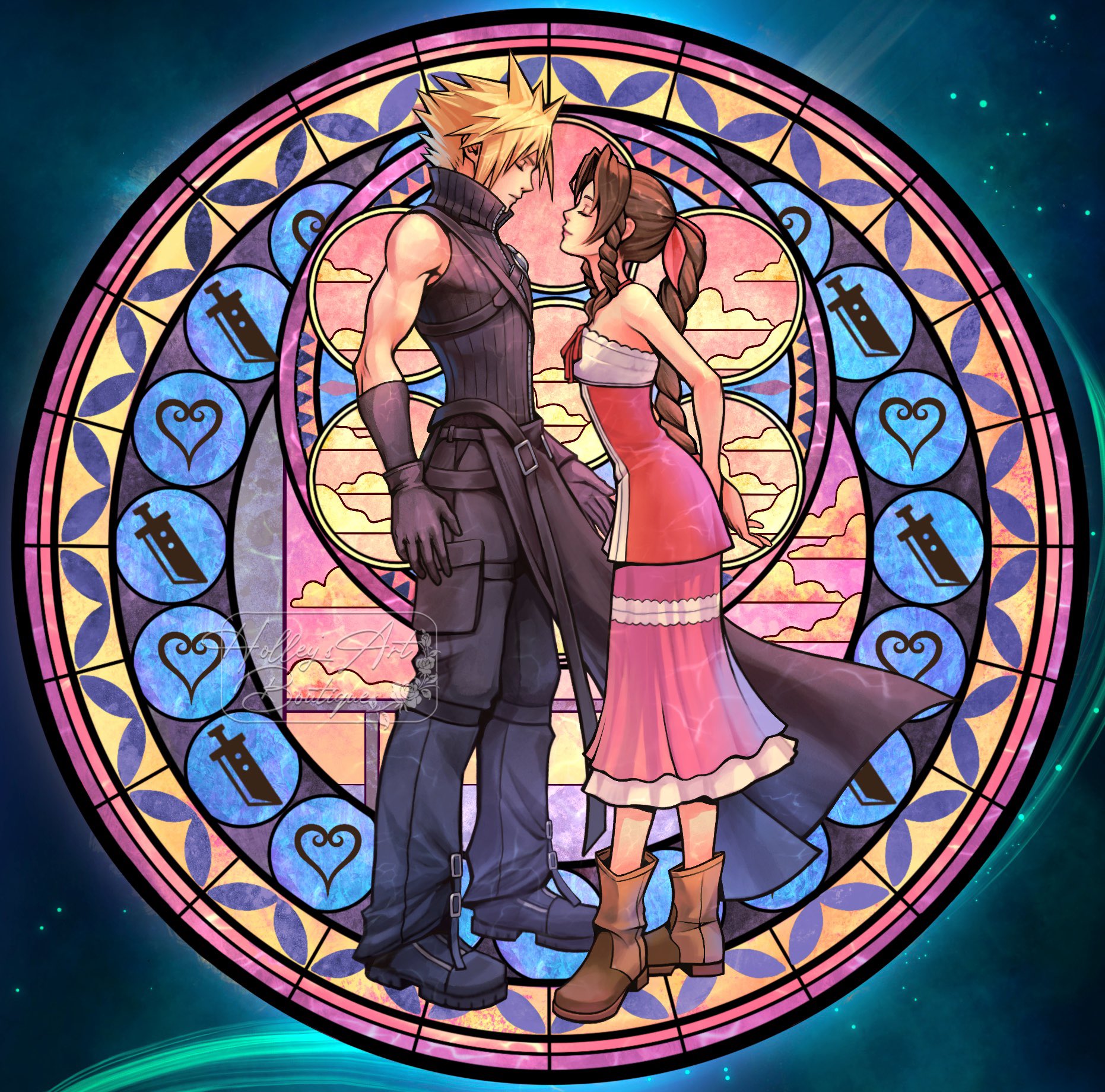 hollypolllyy, aerith gainsborough, cloud strife, final fantasy, final fantasy vii, final fantasy vii: advent children, kingdom hearts, kingdom hearts ii, commentary, english commentary, highres, 1boy, 1girl, arms behind back, artist name, bare arms, bare shoulders, black boots, black cape, black gloves, black pants, black vest, blonde hair, boots, breasts, brown boots, brown hair, buster sword, cape, chest strap, closed eyes, closed mouth, cloud, cloudy sky, dress, full body, gloves, hair ribbon, halter dress, halterneck, leaning forward, lifestream, light smile, long dress, long hair, medium breasts, official alternate costume, pants, parted bangs, pink dress, pink ribbon, pink sky, ribbon, short hair, sidelocks, single bare shoulder, sky, spiked hair, stained glass, vest, waist cape