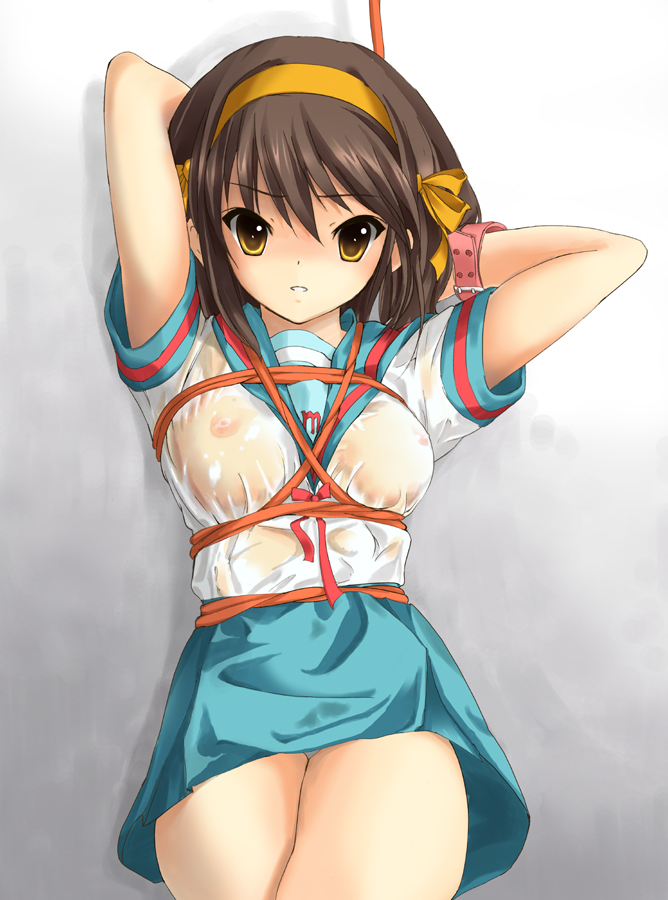 garickson, suzumiya haruhi, suzumiya haruhi no yuuutsu, 00s, 1girl, bdsm, bondage, bound, breast bondage, breasts, brown eyes, brown hair, cowboy shot, female focus, hairband, large breasts, nipples, no bra, school uniform, see-through clothes, serafuku, shibari, shibari over clothes, short hair, skirt, solo, wet, wet clothes