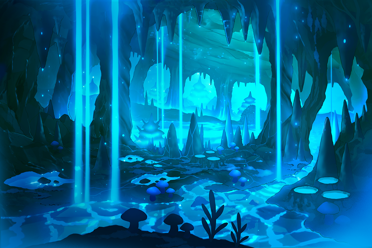 apokarihardcore, original, commentary request, cave, fantasy, mushroom, no humans, scenery, stalactite, stalagmite, water