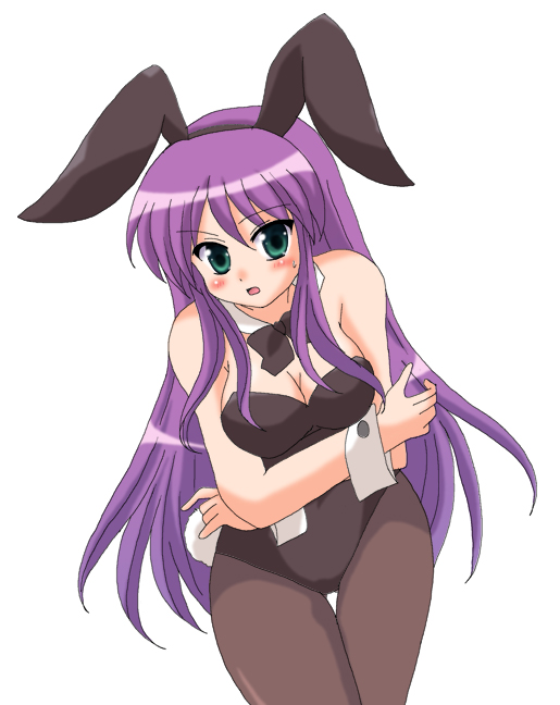 afuro, faris scherwiz, final fantasy, final fantasy v, 1990s (style), animal ears, blush, bow, bowtie, breasts, cleavage, crossed arms, fake animal ears, green eyes, long hair, pantyhose, playboy bunny, purple hair, rabbit ears, retro artstyle