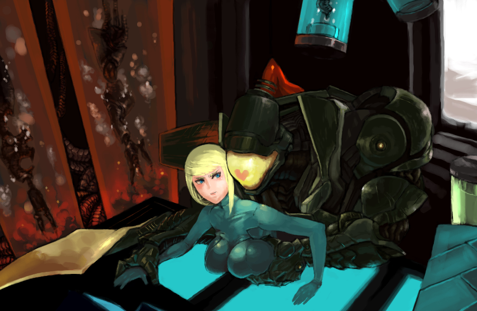 sage (mami1210), samus aran, weavel, metroid, metroid prime hunters, nintendo, bad id, bad pixiv id, 1girl, armor, blonde hair, blue eyes, breast press, breasts, breasts squeezed together, groping, heart, huge breasts, pinned, ponytail, size difference, you gonna get raped, zero suit