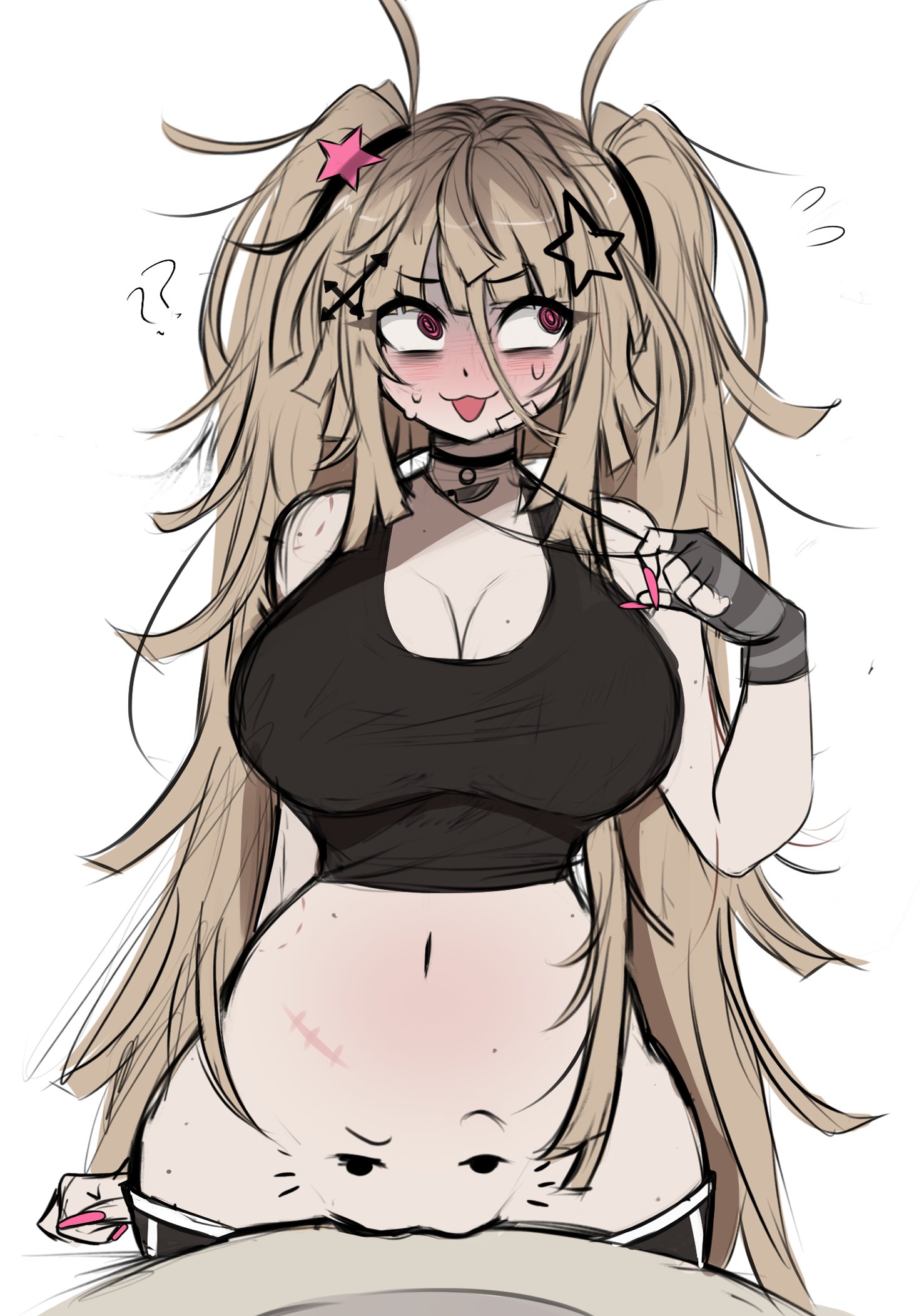 dokidomiki, miki (dokidomiki), original, commentary, english commentary, highres, 1girl, ?, ??, @ @, bare shoulders, bite mark, bite mark on shoulder, bite mark on stomach, black choker, black tank top, blonde hair, blush, breasts, choker, cleavage, cowboy shot, curvy, drawn whiskers, fingernails, flying sweatdrops, gloves, grey gloves, hair between eyes, hair ornament, jewelry, large breasts, long hair, looking to the side, messy hair, mons pubis, nail polish, navel, necklace, necklace pull, pink eyes, pink nails, pubic tattoo, scar, scar on stomach, simple background, smile, solo, star (symbol), star hair ornament, striped clothes, striped gloves, sweat, tank top, tattoo, tongue, tongue out, two side up, white background, wide hips