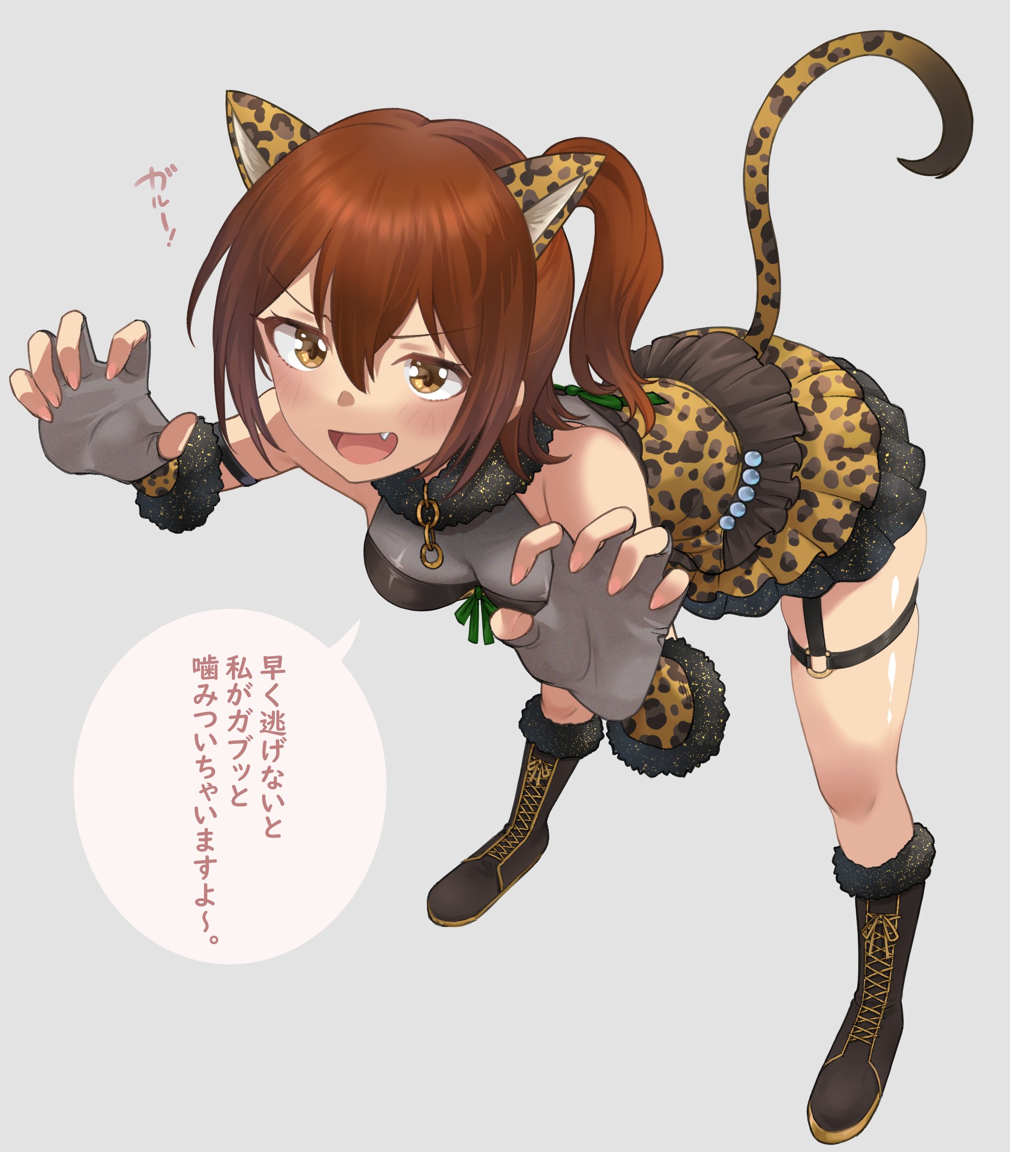 hanamasa ono, kasuga mirai, idolmaster, idolmaster million live!, idolmaster million live! theater days, commentary request, highres, translation request, 1girl, animal ears, animal print, bent over, black boots, boots, breasts, brown eyes, brown hair, cat ears, cat tail, claw pose, fang, fingerless gloves, fingernails, floral print, full body, gaogao leopard (idolmaster), gloves, grey background, grey gloves, leopard print, long hair, o-ring, o-ring thigh strap, official alternate costume, one eye closed, open mouth, simple background, solo, speech bubble, standing, tail, thigh strap, v-shaped eyebrows