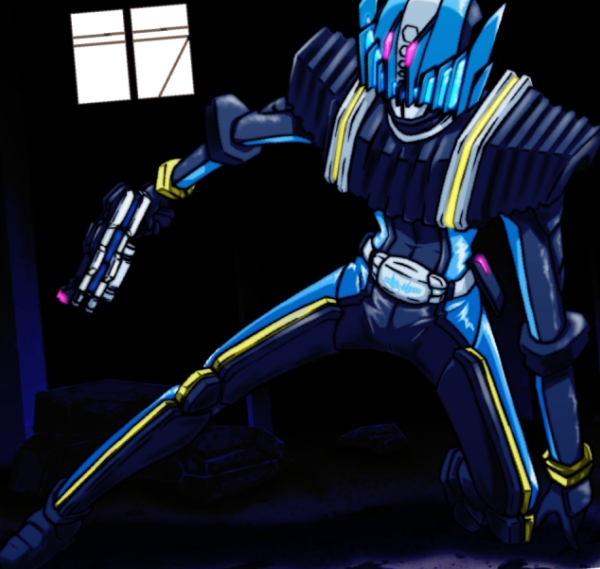 gekoge satoru, gkg666, kamen rider diend, kamen rider, kamen rider dcd, 1boy, belt, gun, male focus, solo, weapon