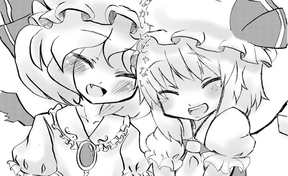 usa-pom, flandre scarlet, remilia scarlet, touhou, bad id, bad pixiv id, 2girls, closed eyes, fang, female focus, greyscale, monochrome, multiple girls, siblings, sisters, smile