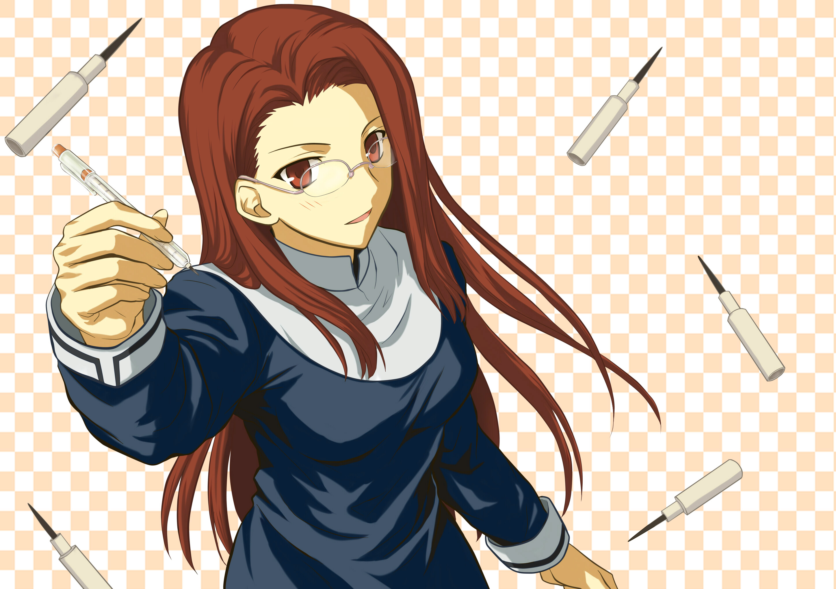 hitoha, aozaki touko, aozaki touko (young), kara no kyoukai, bad id, bad pixiv id, highres, 1girl, brown eyes, brown hair, female focus, glasses, mechanical pencil, pencil, reien girl's academy school uniform, school uniform, solo