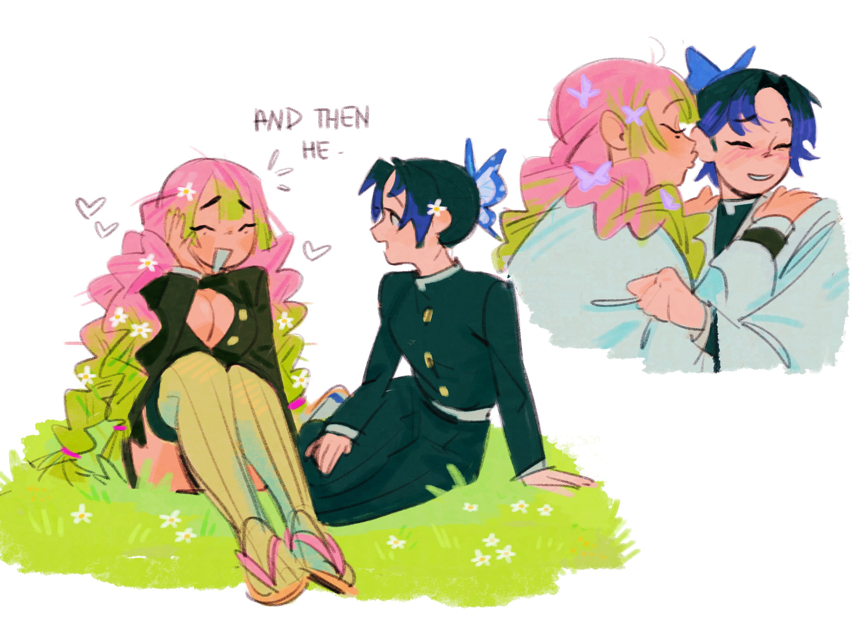 beybuniki, kanroji mitsuri, kochou shinobu, kimetsu no yaiba, highres, 2girls, black hair, black jacket, black pantyhose, black skirt, blue hair, braid, breasts, butterfly hair ornament, cleavage, closed eyes, demon slayer uniform, english text, flower, full body, gold buttons, green hair, green thighhighs, hair flower, hair ornament, hands on another's shoulders, haori, jacket, japanese clothes, kissing ear, looking at another, medium breasts, mole, mole under eye, multicolored hair, multiple braids, multiple girls, multiple views, open mouth, pantyhose, parted bangs, pink hair, ribbed thighhighs, sandals, sitting, skirt, smile, thighhighs, two-tone hair, upper body, white background, white haori, yuri