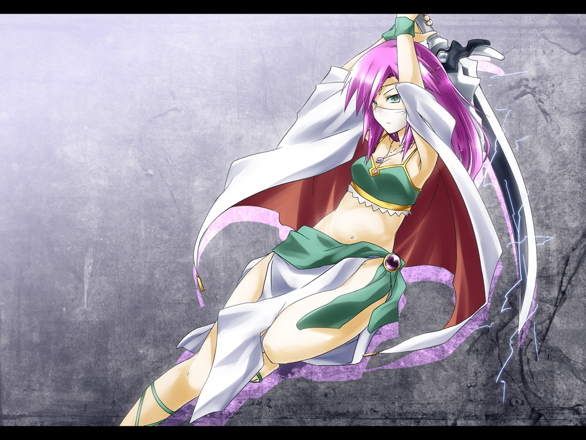 luna phase, yuuki eishi, faris scherwiz, mystic knight, final fantasy, final fantasy v, 1990s (style), 1girl, armpits, arms up, bare shoulders, cape, female focus, green eyes, half mask, jewelry, letterboxed, long hair, mask, midriff, mouth mask, mouth veil, navel, necklace, purple hair, retro artstyle, skirt, solo, sword, tiara, veil, weapon