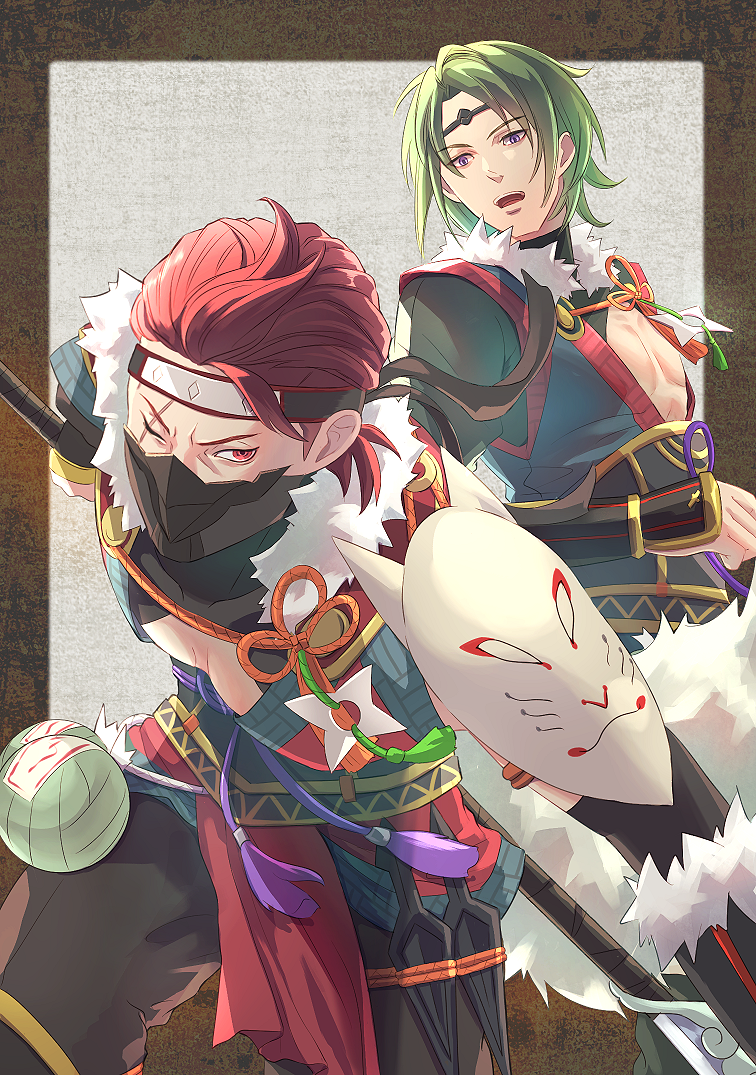 riou (pooh920), kaze (fire emblem), saizo (fire emblem), saizo (ninja) (fire emblem), fire emblem, fire emblem fates, fire emblem heroes, nintendo, commentary request, revision, 2boys, black border, black headband, border, brothers, fox mask, green hair, headband, kunai, male focus, mask, mouth mask, multiple boys, ninja, ninja mask, official alternate costume, one eye closed, pectoral cleavage, pectorals, red eyes, red hair, scar, scar across eye, scar on face, siblings, simple background, unworn mask, weapon, white background