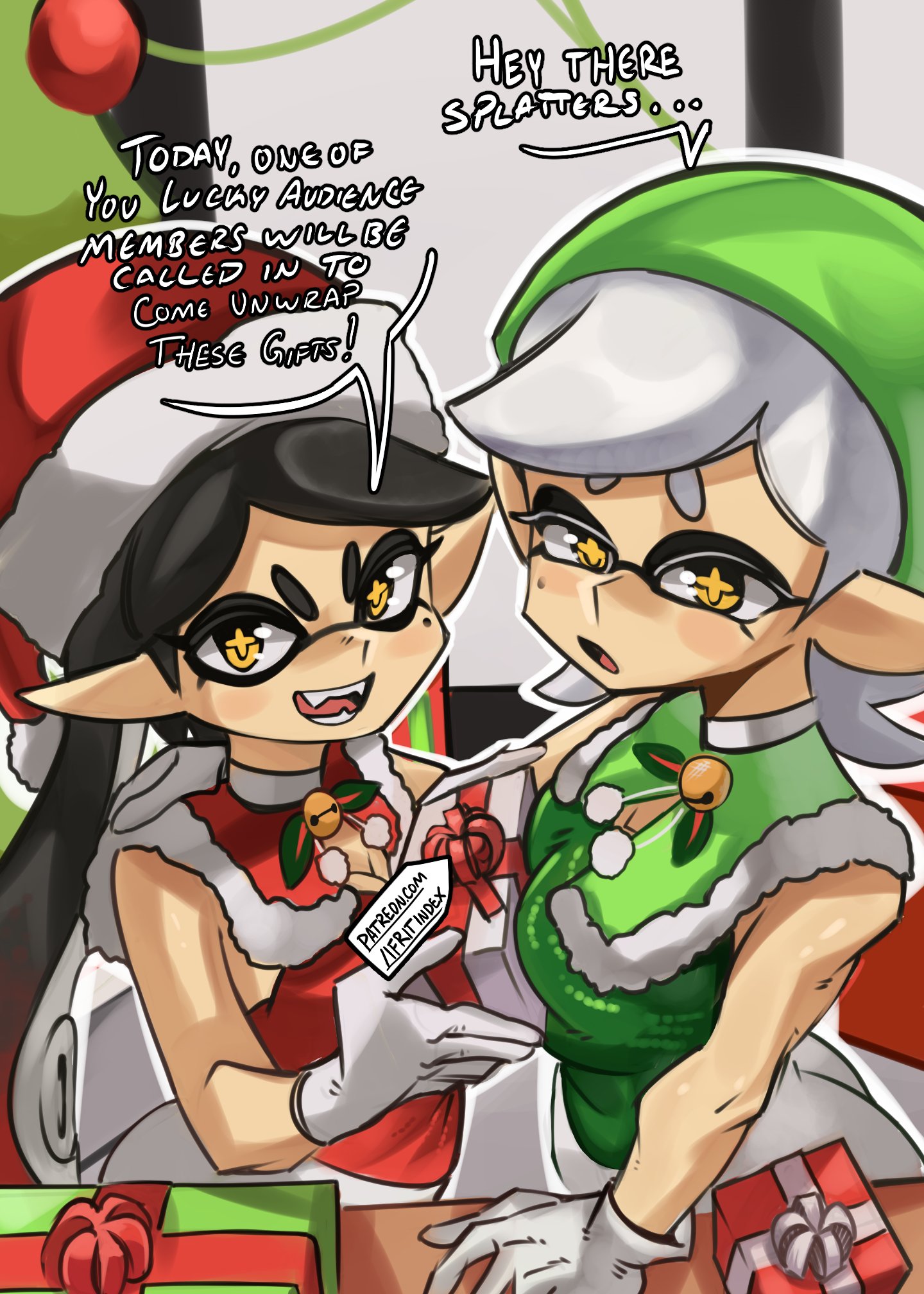 moxydraws, callie (splatoon), marie (splatoon), nintendo, splatoon (series), commentary, english commentary, highres, + +, 2girls, artist name, ass, black hair, bow-shaped hair, breasts, cousins, dress, english text, fangs, fur-trimmed collar, fur trim, gift, gloves, green dress, green hat, green santa costume, grey hair, hat, holding, holding gift, inkling, long hair, mole, mole under eye, multiple girls, open mouth, patreon logo, pointy ears, red dress, red hat, santa costume, santa hat, sleeveless, sleeveless dress, smile, swept bangs, tentacle hair, updo, upper body, watermark, web address, yellow eyes