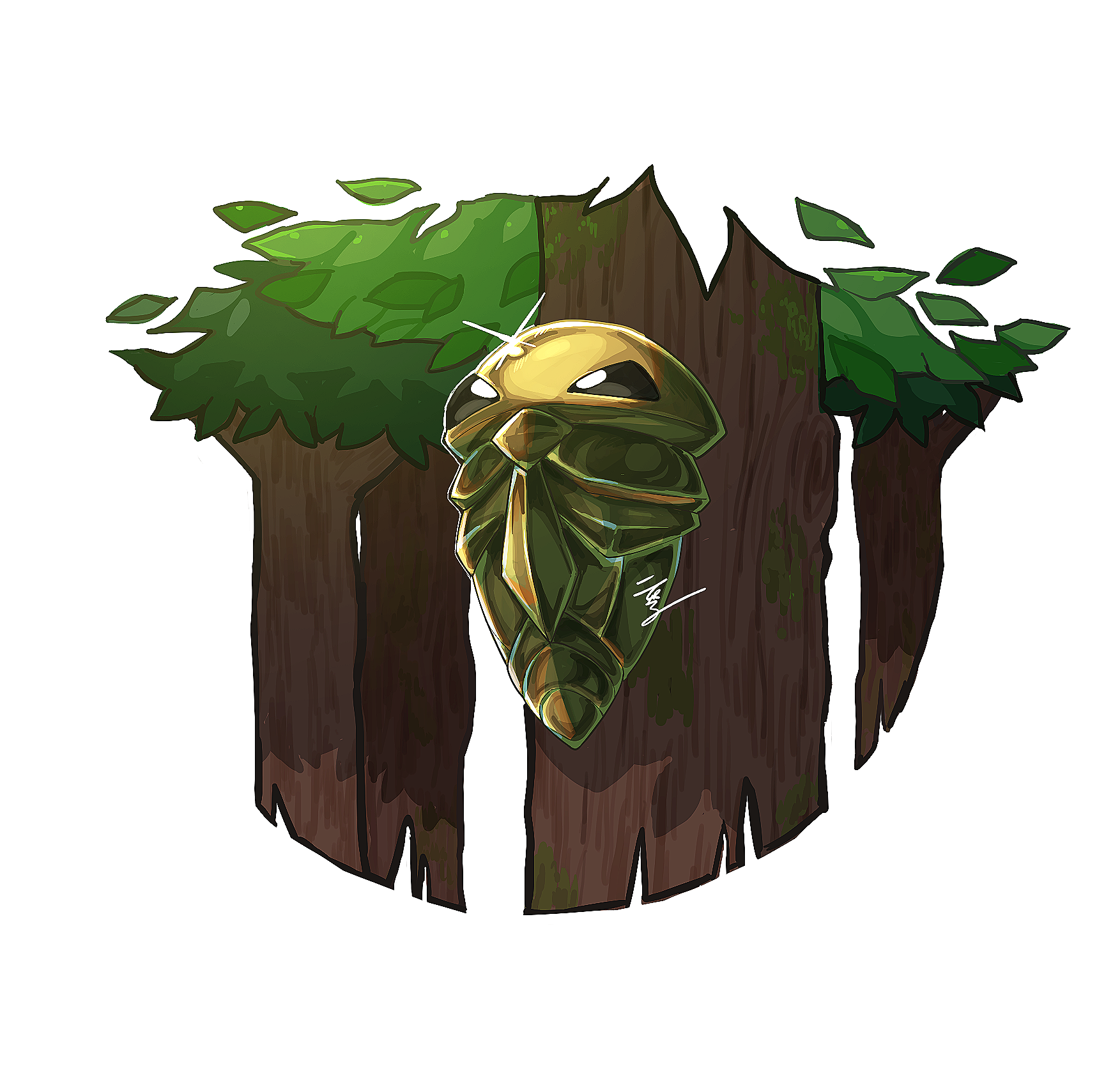 kakuna, nintendo, pokemon, commentary request, highres, forest, full body, futaki (can opus), gen 1 pokemon, glint, iron defense (pokemon), leaf, nature, no humans, pokemon (creature), pokemon focus, pokemon move, signature, simple background, solo, tree, white background