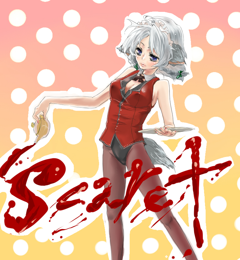 tsubaki haru, inu sakuya (nejikirio), izayoi sakuya, touhou, silver hair, bad id, bad pixiv id, 1girl, animal ears, blue eyes, braid, cup, detached collar, dog ears, dog tail, english text, engrish text, female focus, kemonomimi mode, maid headdress, nontraditional playboy bunny, pantyhose, playboy bunny, ranguage, short hair, solo, tail, teacup, tray, twin braids