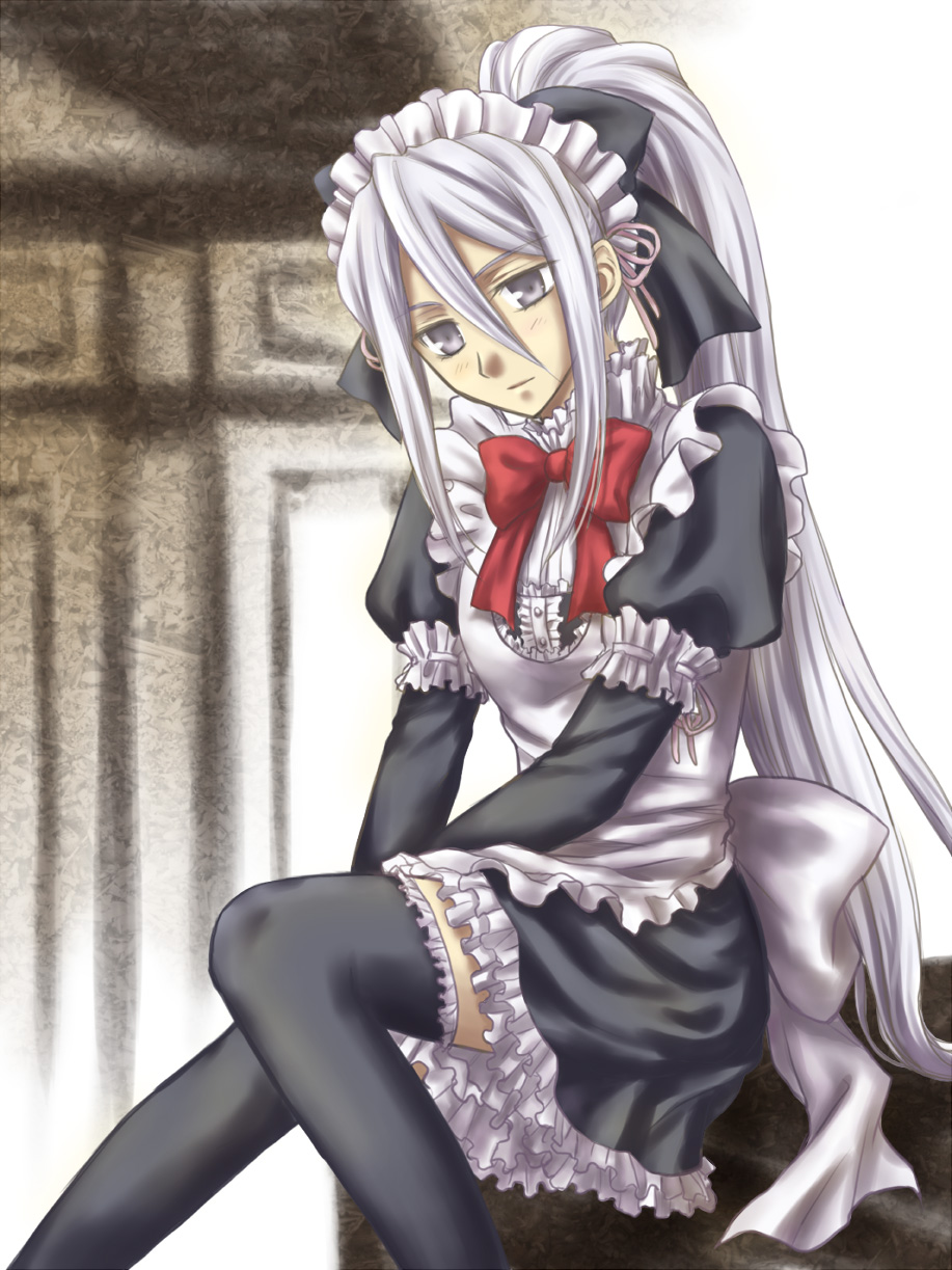 hitoha, felli loss, koukaku no regios, silver hair, bad id, bad pixiv id, highres, 1girl, apron, blue eyes, bow, female focus, hairband, long hair, maid, maid apron, ponytail, solo, thighhighs, zettai ryouiki