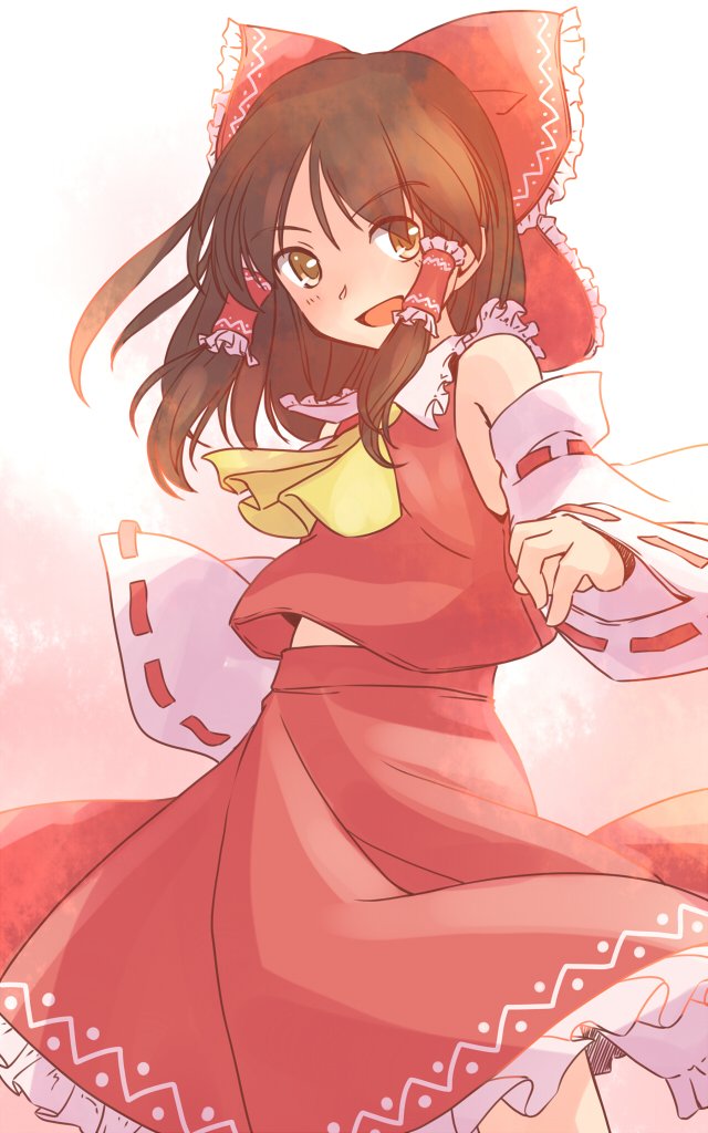 rangycrow, hakurei reimu, touhou, commentary request, 1girl, ascot, bare shoulders, bow, brown hair, cowboy shot, detached sleeves, frilled bow, frilled hair tubes, frilled shirt collar, frills, gradient background, hair bow, hair tubes, long hair, one-hour drawing challenge, orange background, red bow, red shirt, red skirt, ribbon-trimmed sleeves, ribbon trim, shirt, skirt, solo, yellow ascot