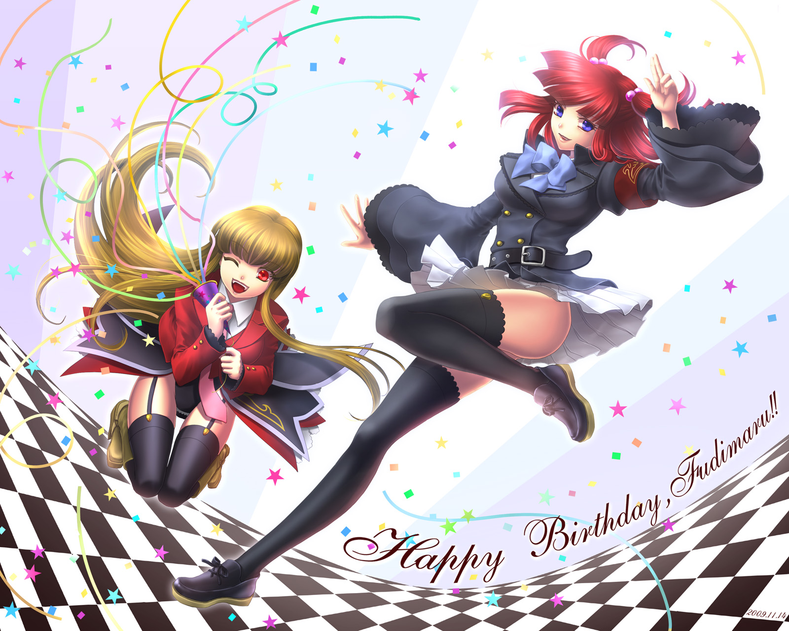 nomo (16 16), mammon (umineko), stakes of purgatory, ushiromiya ange, umineko no naku koro ni, black legwear, bad id, bad pixiv id, highres, md5 mismatch, 00s, 2girls, armband, belt, blonde hair, blue eyes, blush, boots, bow, bowtie, checkered floor, closed eyes, confetti, fang, fangs, floor, hair bobbles, hair ornament, happy birthday, legs, lips, miniskirt, multiple girls, necktie, one eye closed, open mouth, pink necktie, pleated skirt, red eyes, red hair, shoes, short hair, skirt, thighhighs, wink, zettai ryouiki