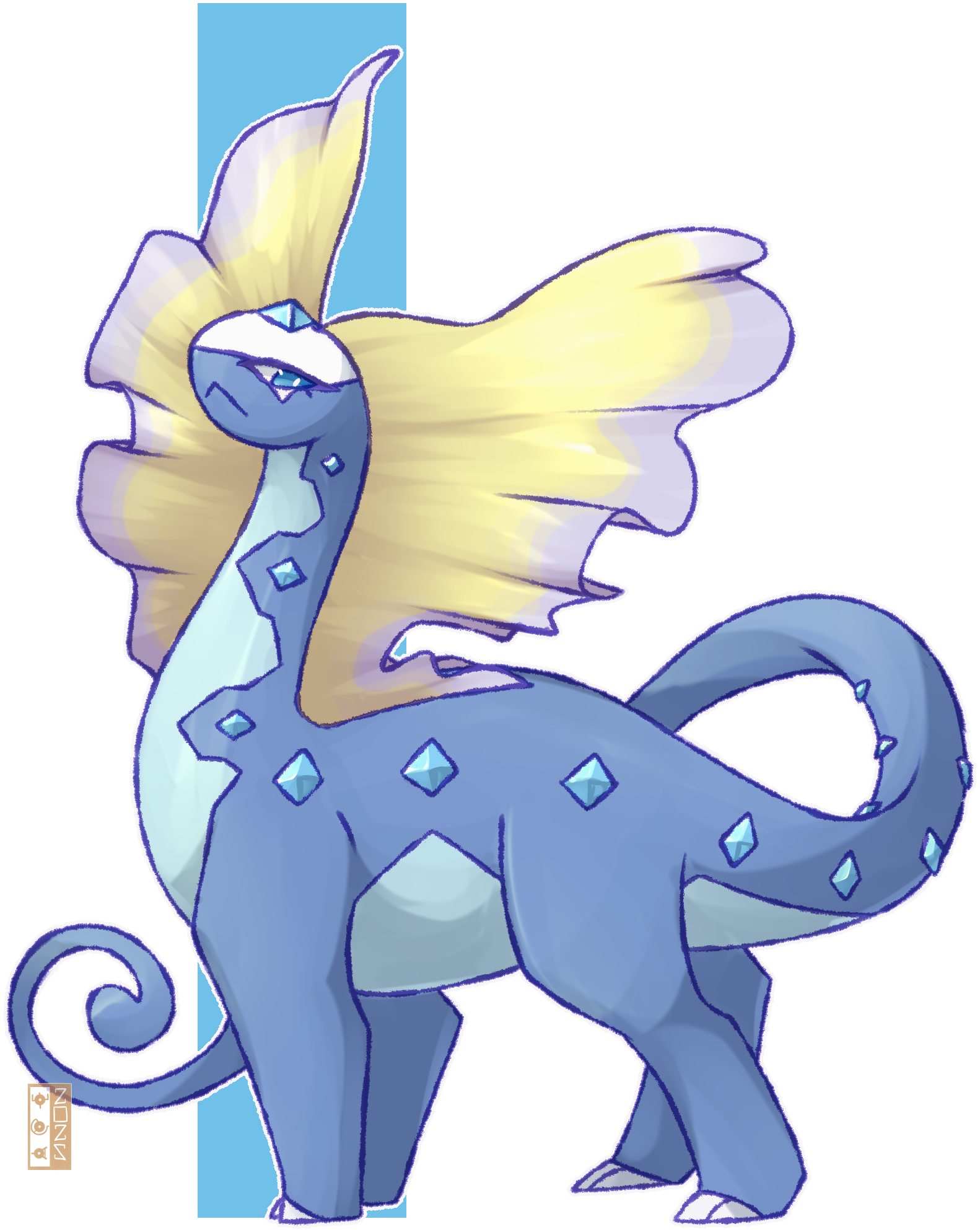 dualcosmog, aurorus, nintendo, pokemon, commentary, highres, blue eyes, blue skin, colored skin, full body, gen 6 pokemon, no humans, outline, pokemon (creature), solo, tail