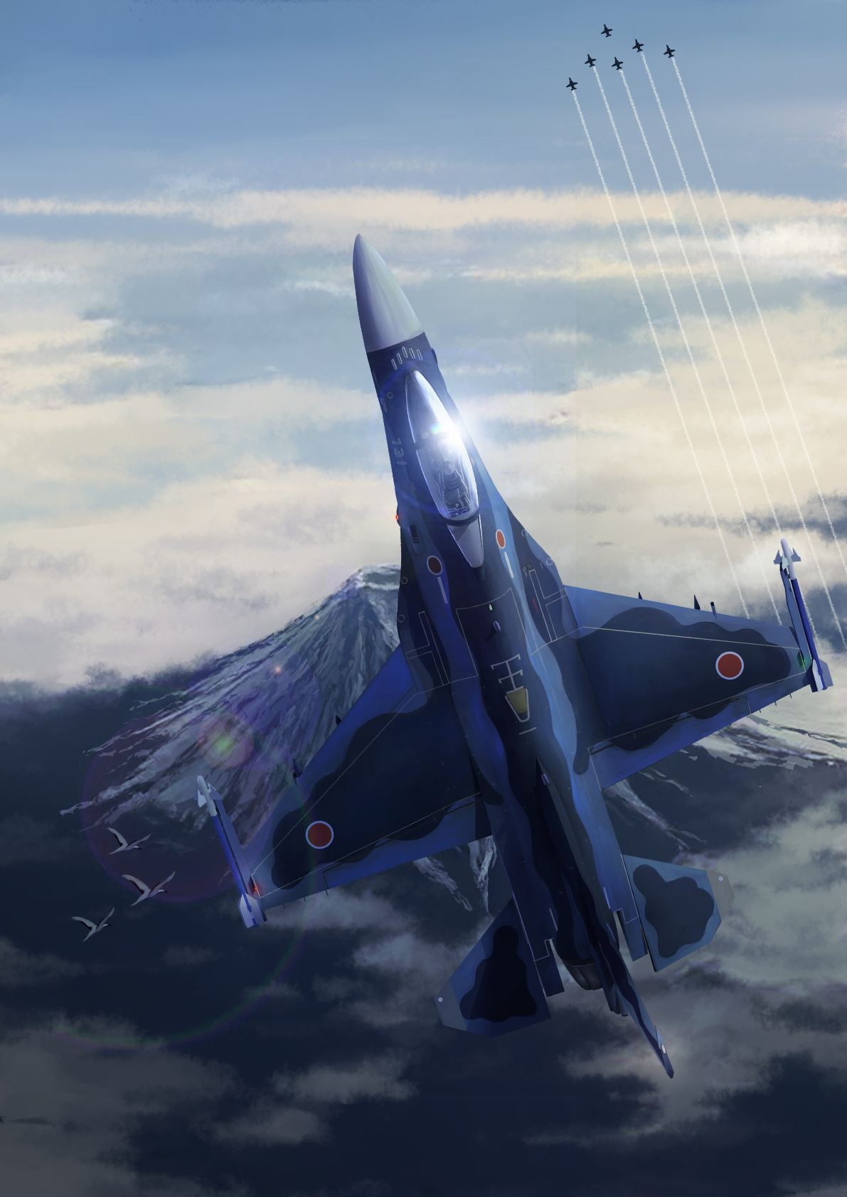 timmyyen, japan self-defense force, original, commentary request, highres, above clouds, aircraft, airplane, bird, blue sky, cloud, contrail, day, fighter jet, flying, high up, lens flare, military, military vehicle, missile, mitsubishi aam-3, mitsubishi f-2, mount fuji, mountain, no humans, scenery, sky, vehicle focus, volcano